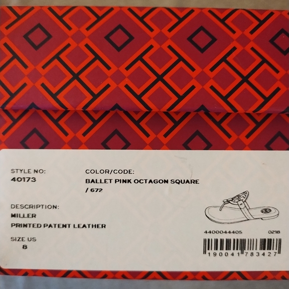 Tory Burch Miller Printed Patent Leather Sandals Ballet Pink Octagon Square Sz 8 - Picture 2 of 16